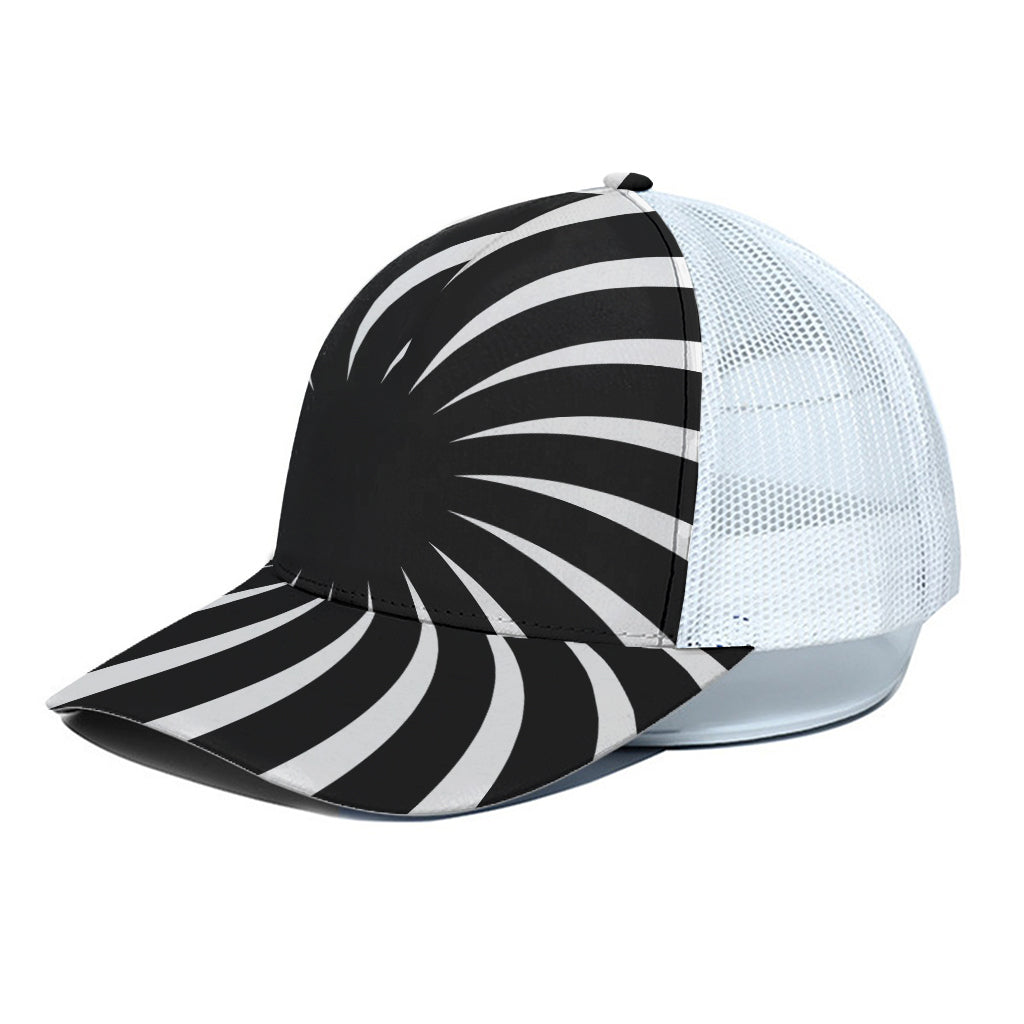 Black And White Vortex Swirl Print White Mesh Trucker Cap
