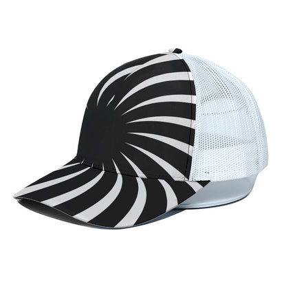 Black And White Vortex Swirl Print White Mesh Trucker Cap