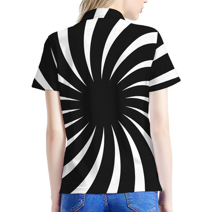 Black And White Vortex Swirl Print Women's Polo Shirt