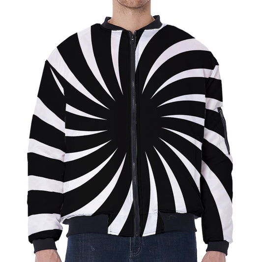 Black And White Vortex Swirl Print Zip Sleeve Bomber Jacket