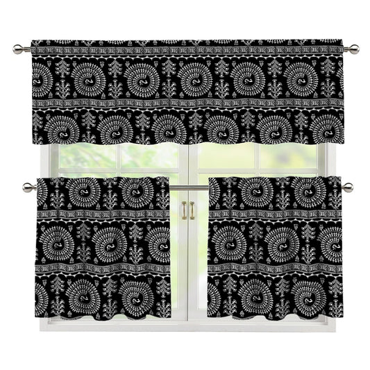 Black And White Warli Tribal Print 3 Piece Kitchen Curtains