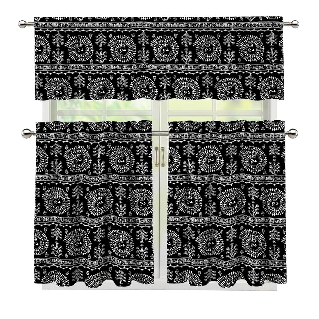 Black And White Warli Tribal Print 3 Piece Kitchen Curtains