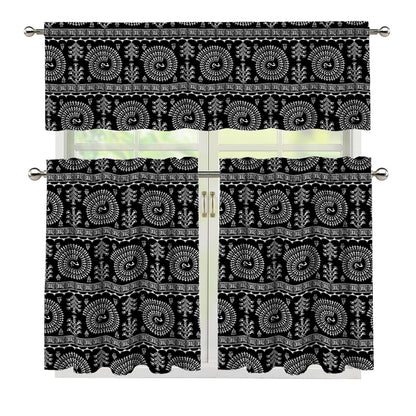 Black And White Warli Tribal Print 3 Piece Kitchen Curtains