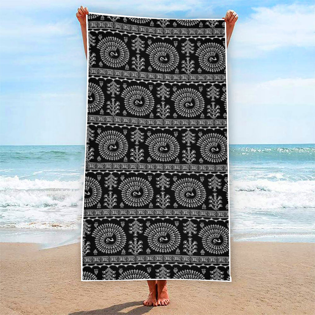 Black And White Warli Tribal Print Beach Towel