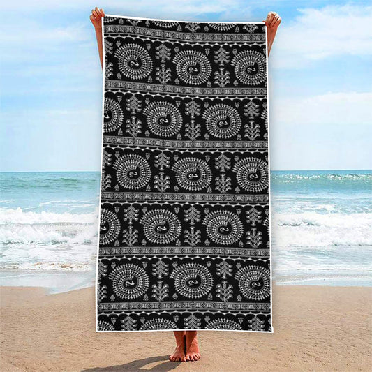 Black And White Warli Tribal Print Beach Towel