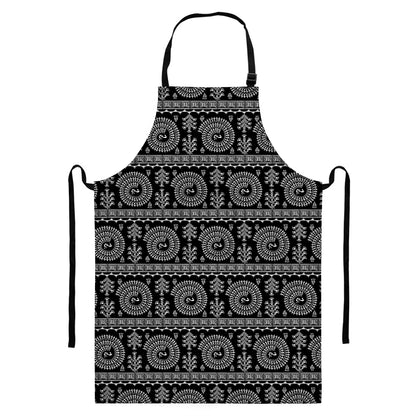 Black And White Warli Tribal Print Bib Apron With Pocket