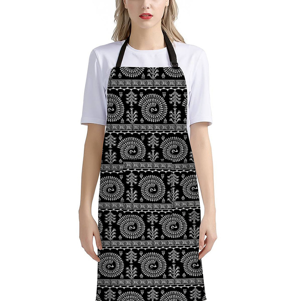 Black And White Warli Tribal Print Bib Apron With Pocket