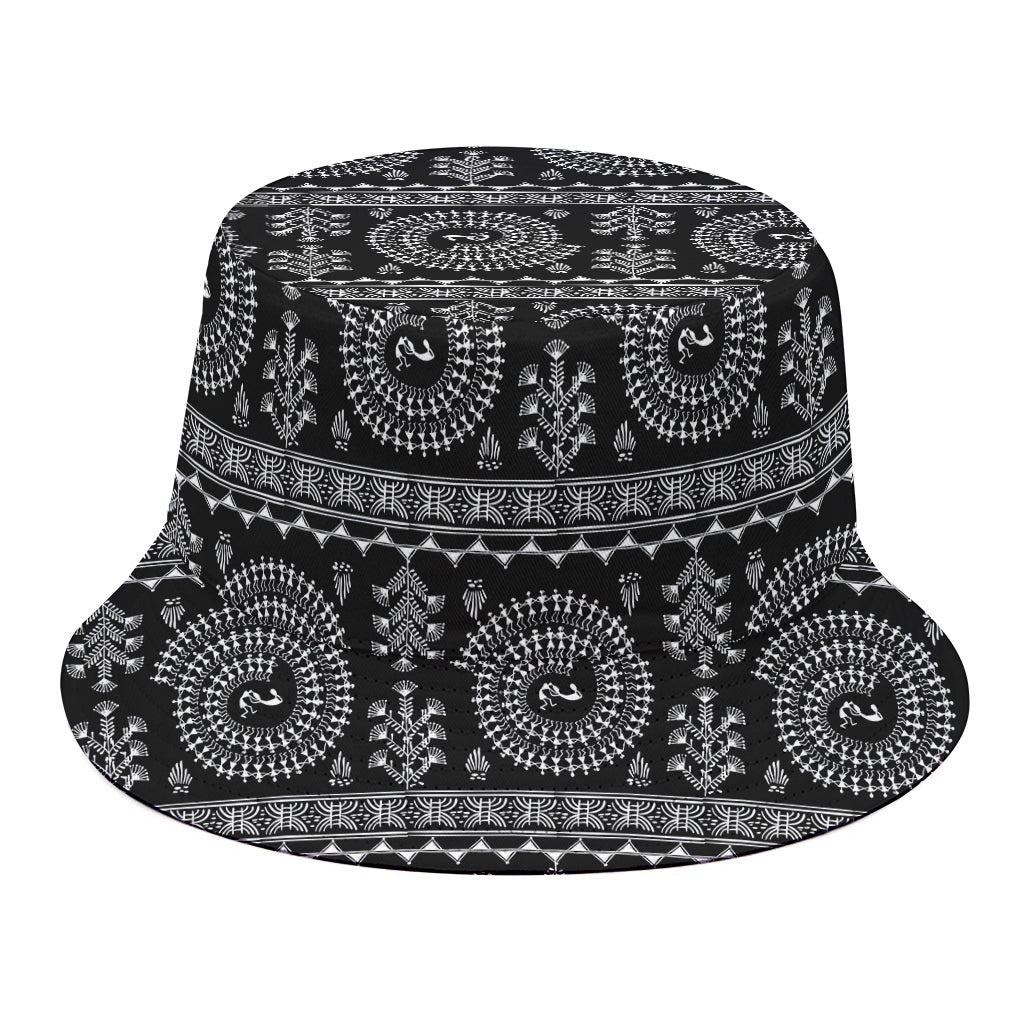 Black And White Warli Tribal Print Bucket Hat
