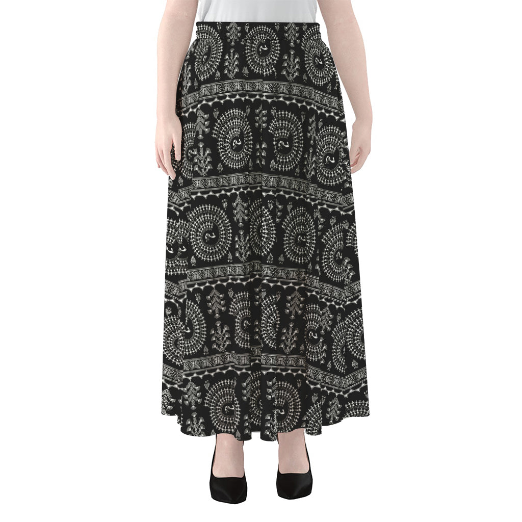 Black And White Warli Tribal Print Chiffon Maxi Skirt