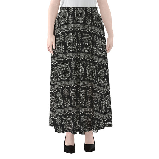 Black And White Warli Tribal Print Chiffon Maxi Skirt