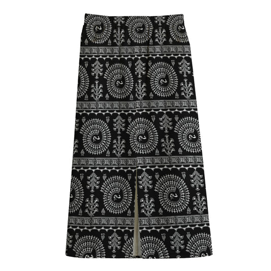 Black And White Warli Tribal Print Cotton Front Slit Maxi Skirt