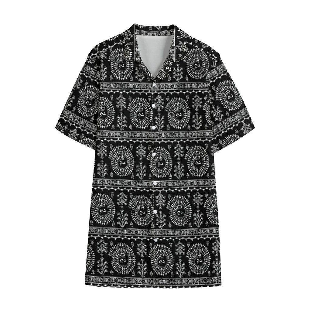 Black And White Warli Tribal Print Cotton Hawaiian Shirt