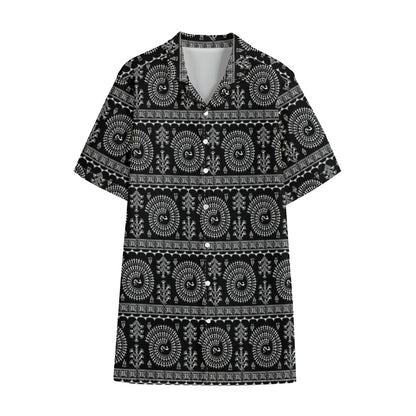 Black And White Warli Tribal Print Cotton Hawaiian Shirt