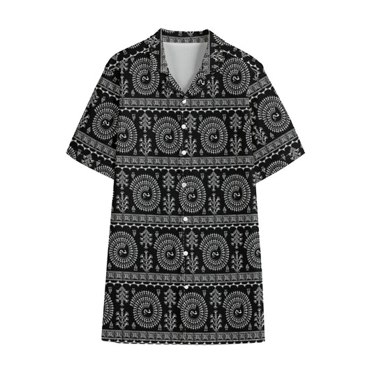 Black And White Warli Tribal Print Cotton Hawaiian Shirt