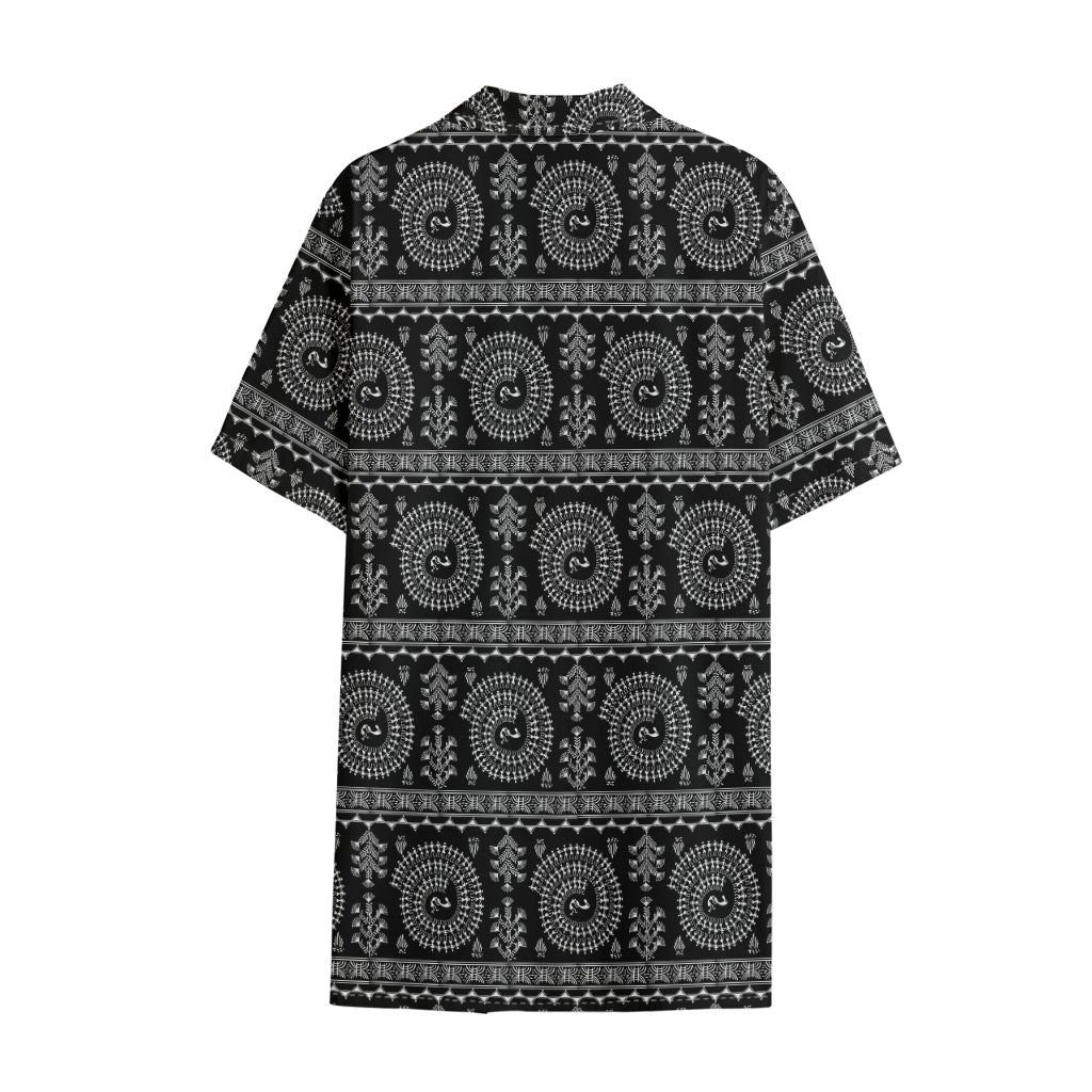 Black And White Warli Tribal Print Cotton Hawaiian Shirt
