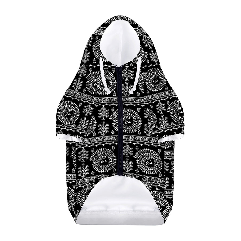 Black And White Warli Tribal Print Dog Zip Up Hoodie