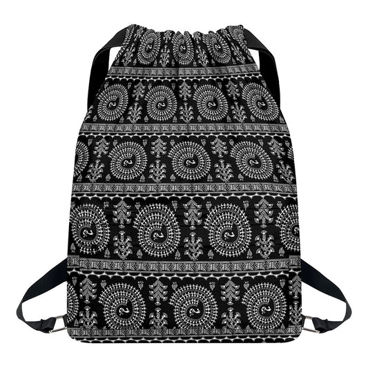 Black And White Warli Tribal Print Drawstring Backpack