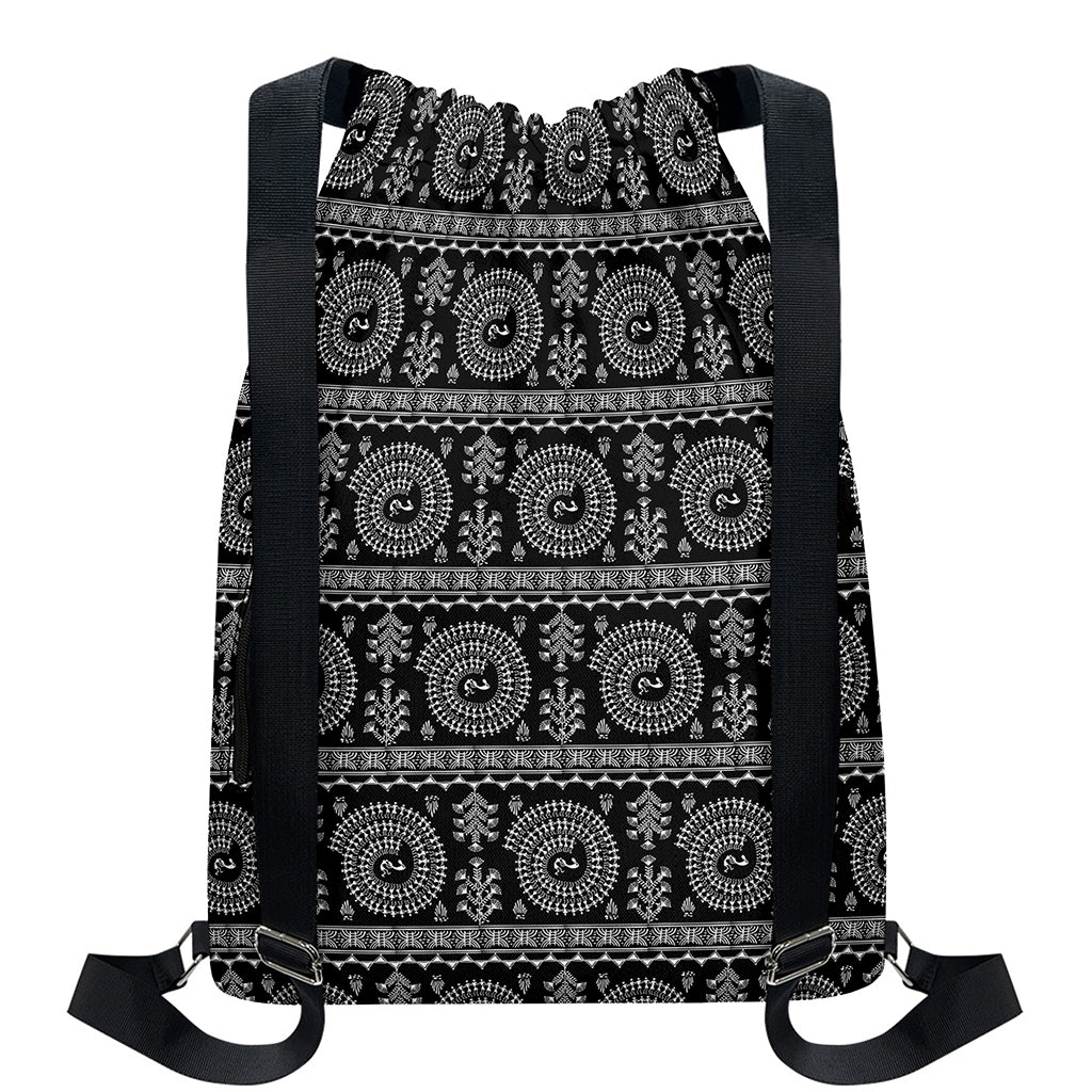 Black And White Warli Tribal Print Drawstring Backpack