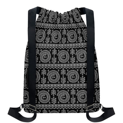 Black And White Warli Tribal Print Drawstring Backpack