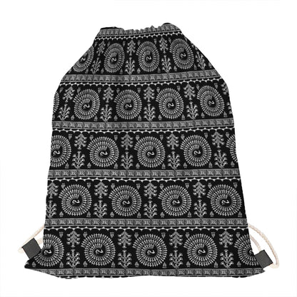 Black And White Warli Tribal Print Drawstring Bag