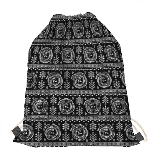 Black And White Warli Tribal Print Drawstring Bag