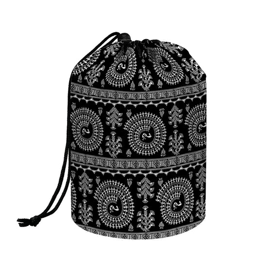 Black And White Warli Tribal Print Drawstring Makeup Bag