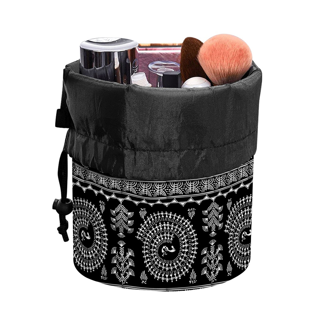 Black And White Warli Tribal Print Drawstring Makeup Bag