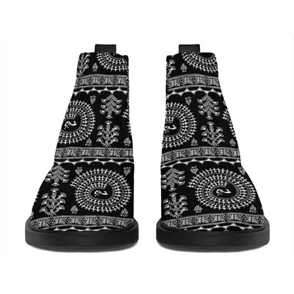 Black And White Warli Tribal Print Flat Ankle Boots