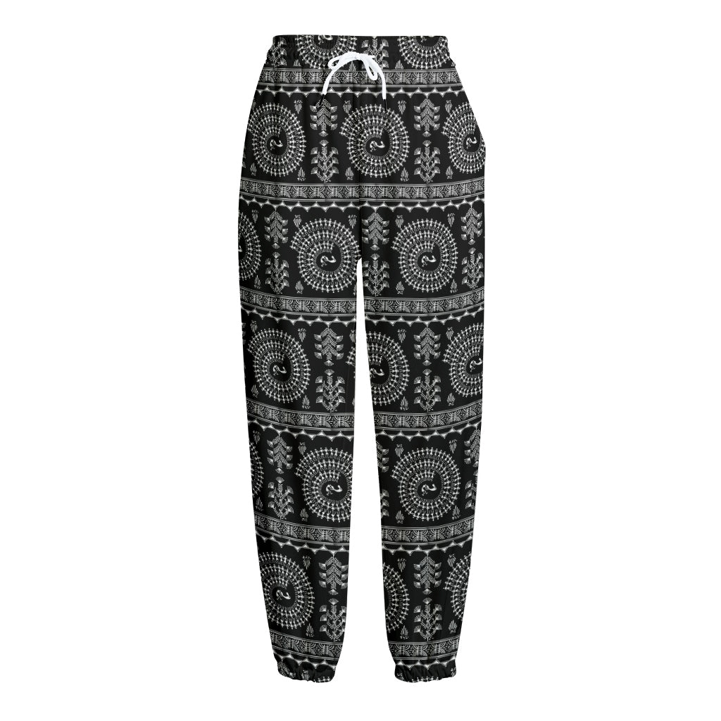 Black And White Warli Tribal Print Fleece Lined Knit Pants