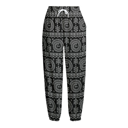 Black And White Warli Tribal Print Fleece Lined Knit Pants