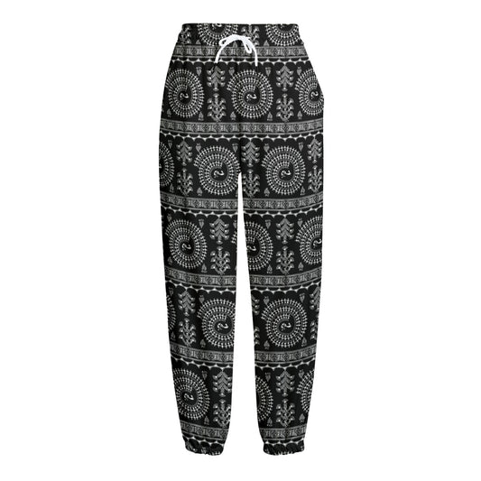 Black And White Warli Tribal Print Fleece Lined Knit Pants
