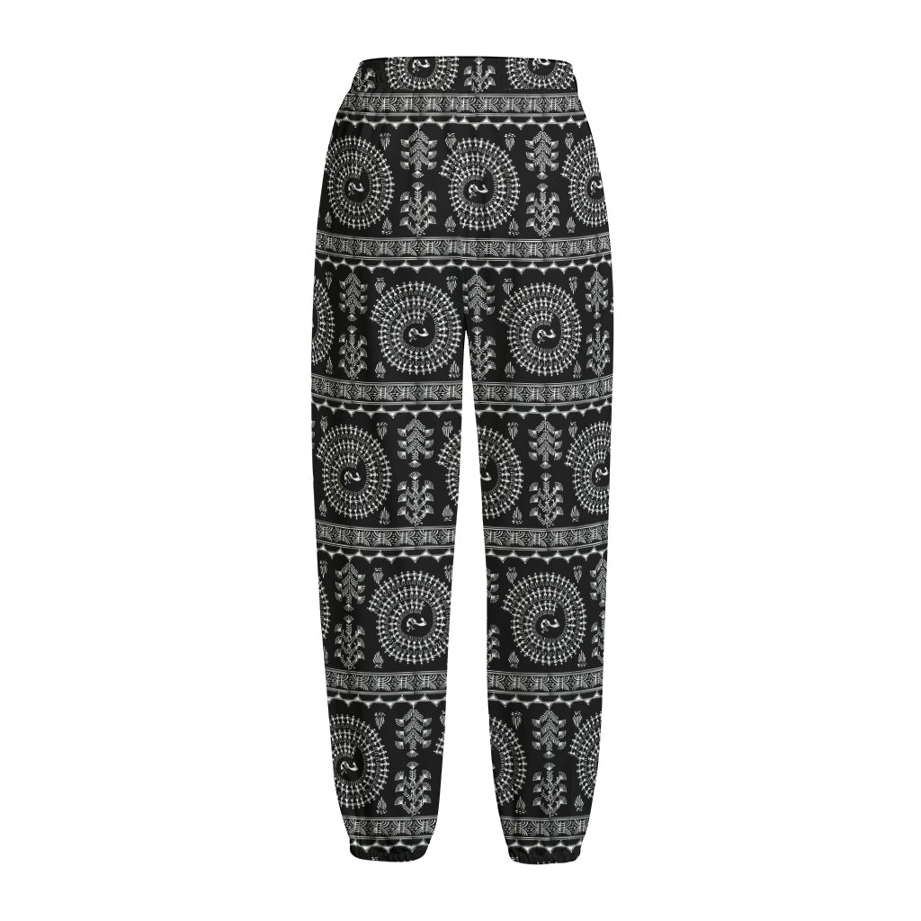 Black And White Warli Tribal Print Fleece Lined Knit Pants