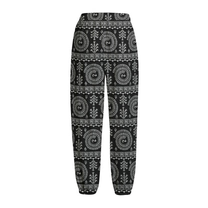 Black And White Warli Tribal Print Fleece Lined Knit Pants