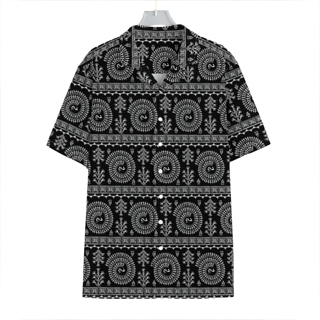 Black And White Warli Tribal Print Hawaiian Shirt