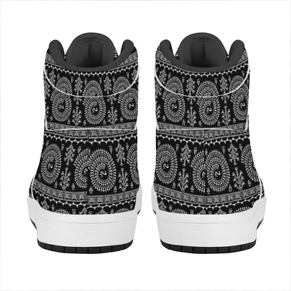 Black And White Warli Tribal Print High Top Leather Sneakers