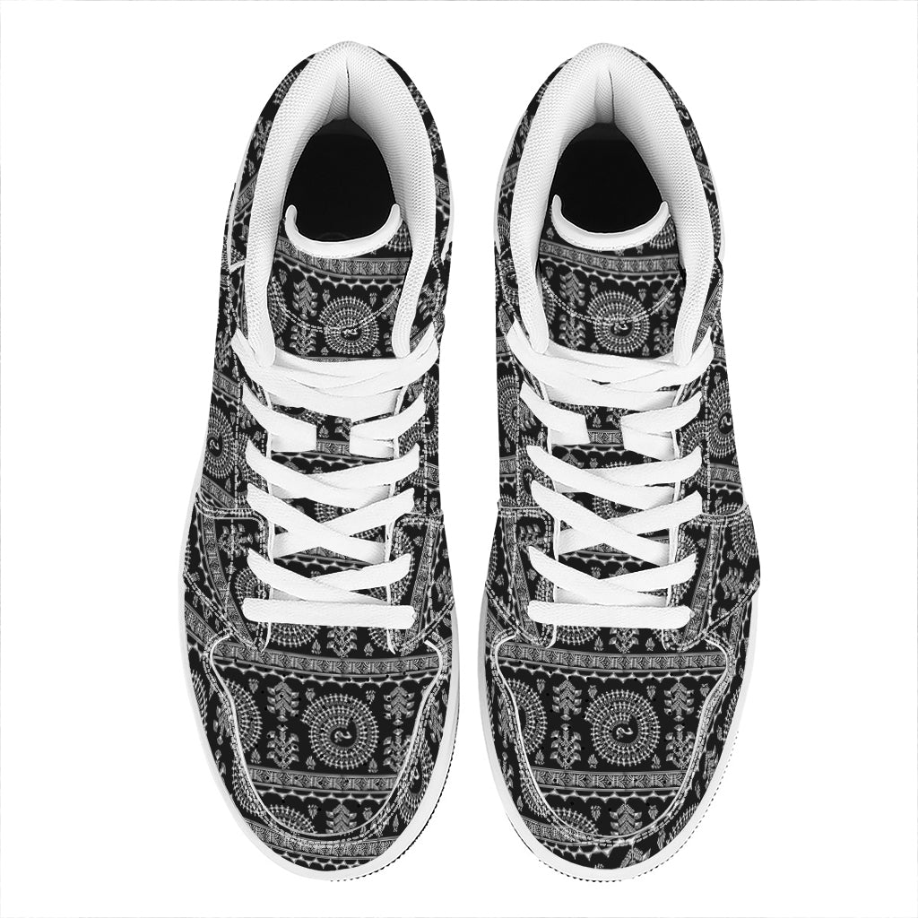 Black And White Warli Tribal Print High Top Leather Sneakers