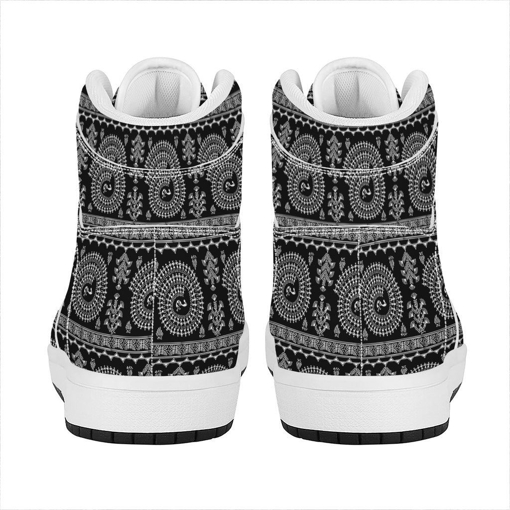 Black And White Warli Tribal Print High Top Leather Sneakers