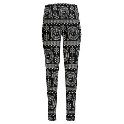 Black And White Warli Tribal Print High-Waisted Pocket Leggings