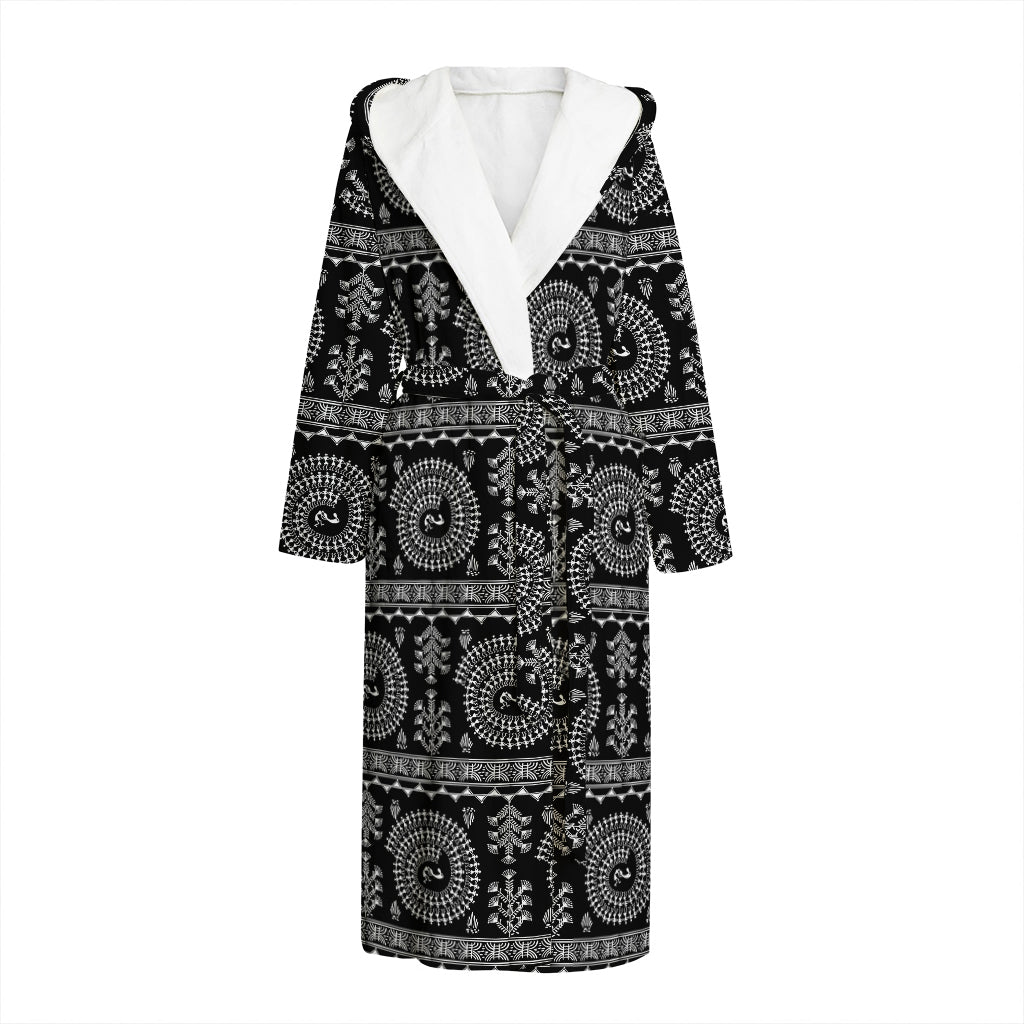 Black And White Warli Tribal Print Hooded Bathrobe