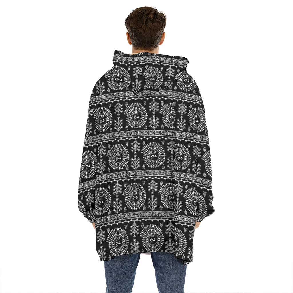 Black And White Warli Tribal Print Hoodie Blanket