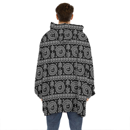 Black And White Warli Tribal Print Hoodie Blanket