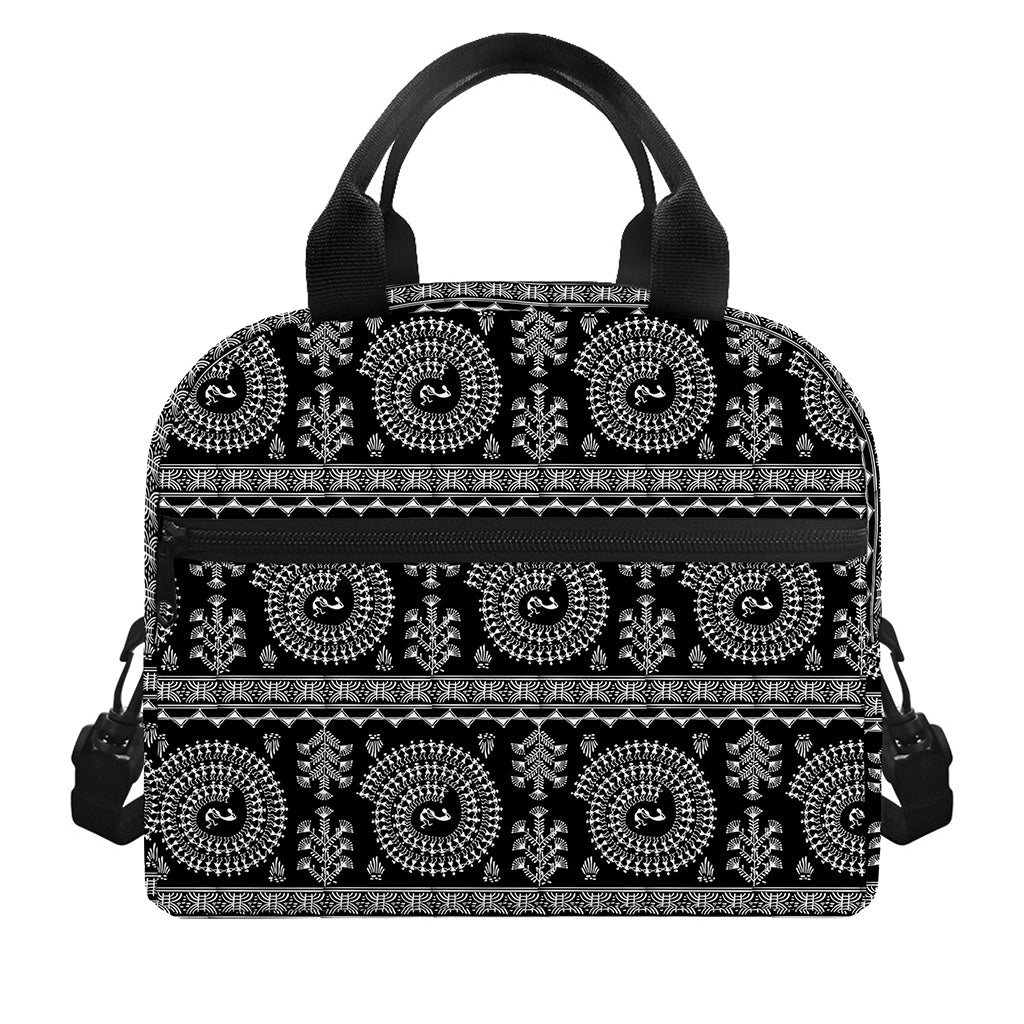 Black And White Warli Tribal Print Insulated Lunch Bag