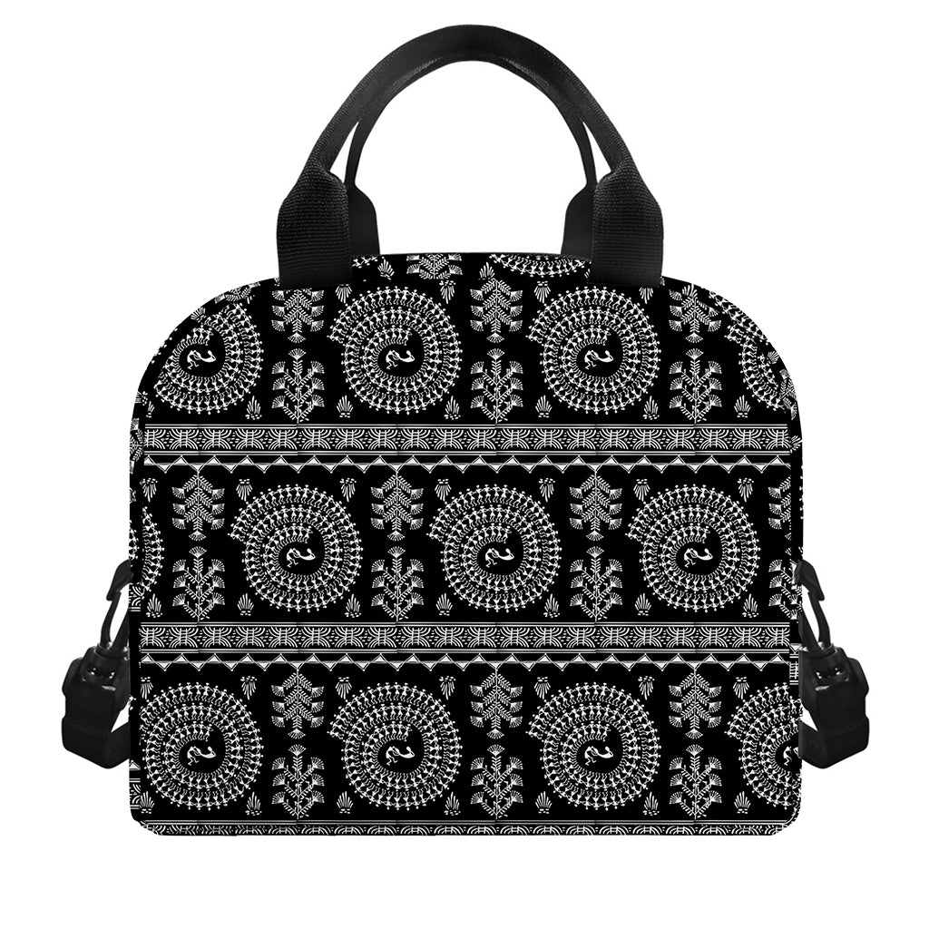 Black And White Warli Tribal Print Insulated Lunch Bag
