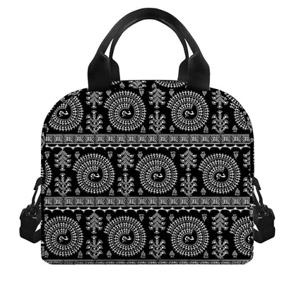 Black And White Warli Tribal Print Insulated Lunch Bag