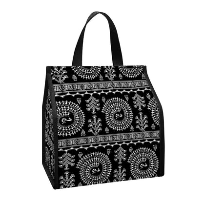 Black And White Warli Tribal Print Insulated Lunch Tote