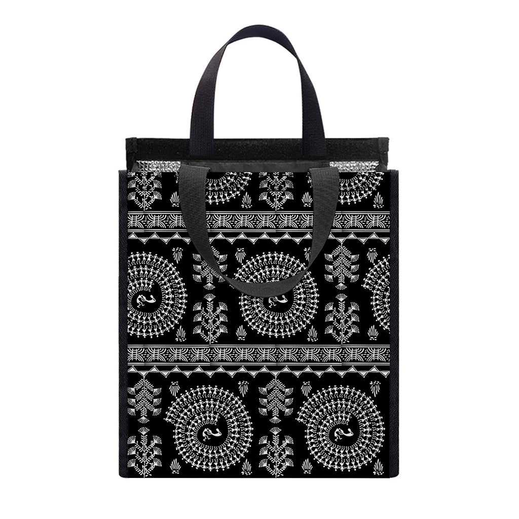 Black And White Warli Tribal Print Insulated Lunch Tote