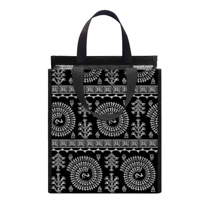 Black And White Warli Tribal Print Insulated Lunch Tote