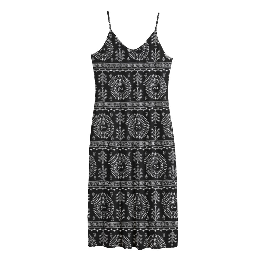 Black And White Warli Tribal Print Jersey Midi Cami Dress