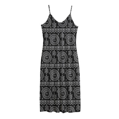 Black And White Warli Tribal Print Jersey Midi Cami Dress