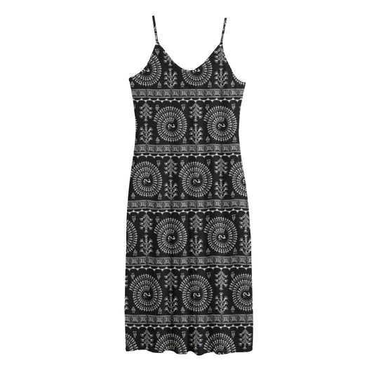 Black And White Warli Tribal Print Jersey Midi Cami Dress
